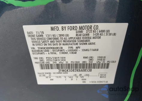 2019 Ford Flex Limited from USA, damaged, VIN 2FMGK5D82KBA08538